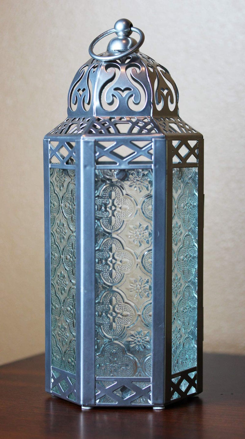 VELA LANTERNS 10.5" Moroccan Candle Lantern Decorative Candle Holder Lamp for Table or Hanging, Ramadan Decorations, Indoor Home Decor, Outdoor Patio or Porch, Silver Metal, Clear Glass, Medium - Image 3